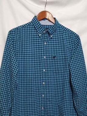 American Eagle Outfitters Teal & Navy Check Button-Down Shirt